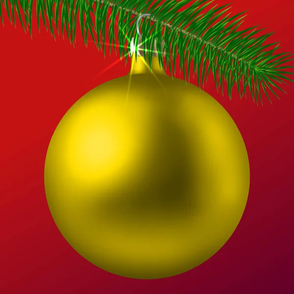 Bola de Natal matte dourado realista ou bugiganga com ramo de abeto no fundo vermelho. Ilustração vetorial — Vetor de Stock