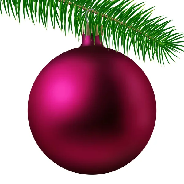 Realistische rosa-matte Weihnachtskugel oder Christbaumkugel mit Tannenzweig isoliert auf weißem Hintergrund. Vektorillustration — Stockvektor