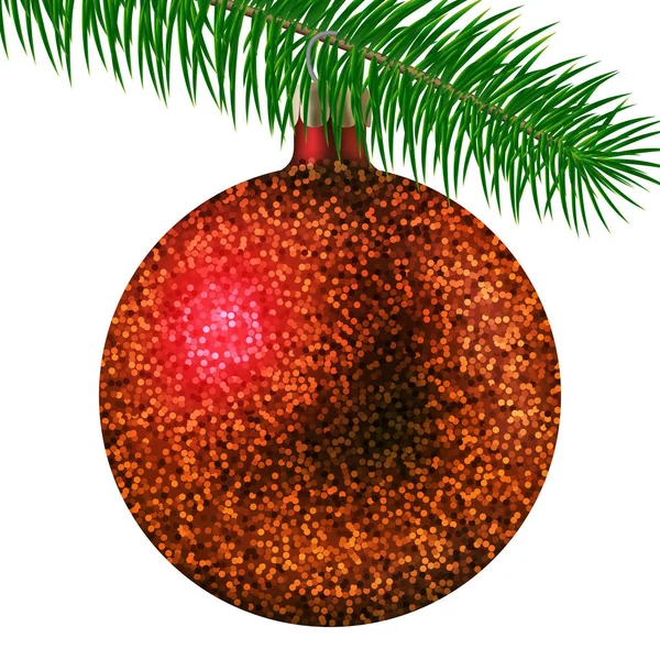 Realistische rote Weihnachtskugel oder Christbaumkugel mit Glitzerfunkeln und Tannenzweig isoliert auf weißem Hintergrund. Vektorillustration — Stockvektor