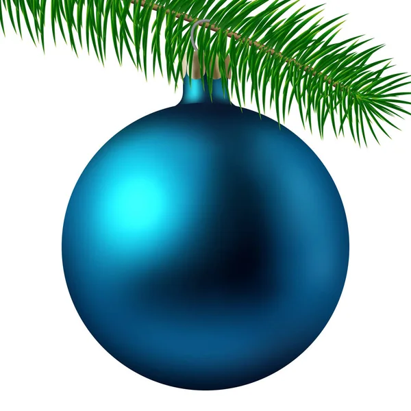 Realistische zyanmatte Weihnachtskugel oder Christbaumkugel mit Tannenzweig isoliert auf weißem Hintergrund. Vektorillustration — Stockvektor