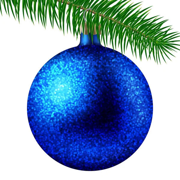 Realistische blaue Weihnachtskugel oder Christbaumkugel mit Glitzerfunkeln und Tannenzweig isoliert auf weißem Hintergrund. Vektorillustration — Stockvektor