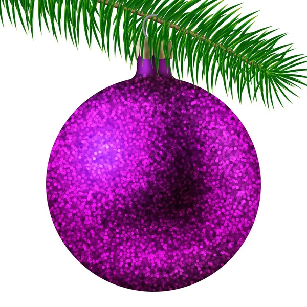 Realistische roze kerst bal of Kerstbal met glitters, schittert en tak van de zilverspar geïsoleerd op een witte achtergrond. Vectorillustratie — Stockvector
