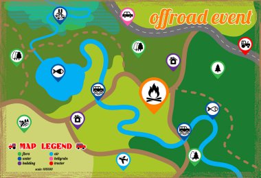 Offroad olay ve kamp harita simgeler kümesi. Vektör çizim.