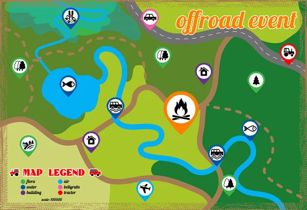 Offroad evenement en camping kaart iconen set. Vectorillustratie. — Stockvector