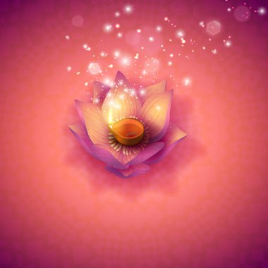 Diwali. Hint Festivali Lotus yağı yanan lambalar, Bokeh ve Light. Mandala arka planında çiçek mumu. Vektör illüstrasyonu