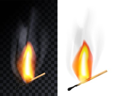 Kibrit çöpü dumanla yanar, şeffaflık ızgarasında izole edilir ve beyaz arkaplan.