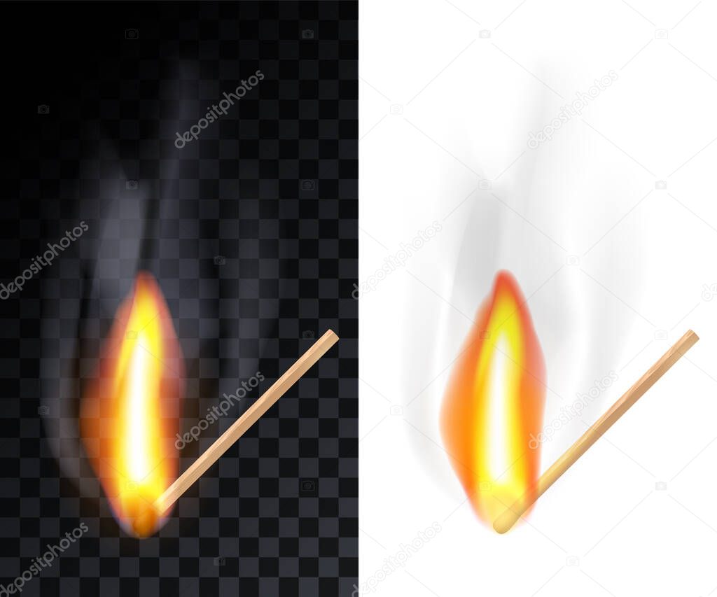 Match stick burning with smoke, isolated on transparency grid and white background.