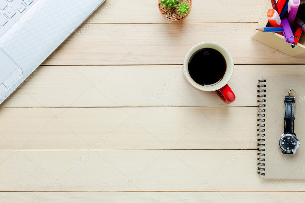 Office Desk Notebook Pencil Black Coffee Cactus Watch