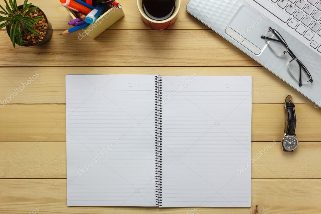 Office Desk Notebook Pencil Black Coffee Cactus Watch Note