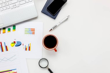 Üstten Görünüm aksesuarları ofis Resepsiyon kavramı.