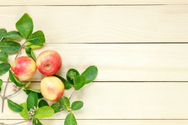 Üstten Görünüm Kırmızı elma ve yaprak üzerinde ahşap.