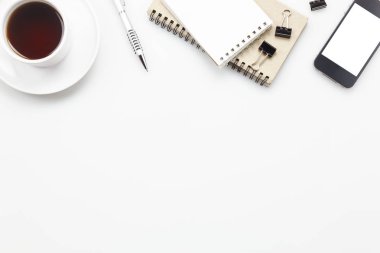 «Ana sayfa» görünümü aksesuarları ofis Resepsiyon concept.mobile telefon, kahve, değil