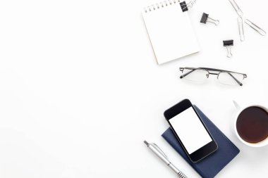 «Ana sayfa» görünümü aksesuarları ofis Resepsiyon concept.mobile telefon, kahve, değil