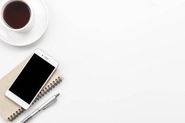 «Ana sayfa» görünümü aksesuarları ofis Resepsiyon concept.mobile telefon, kahve, değil