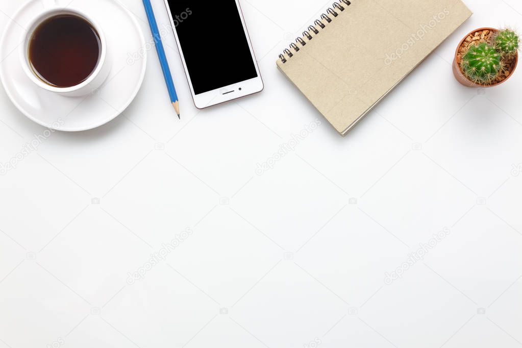 Top view accessories office desk concept.