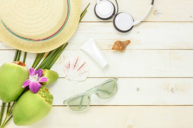 Üstten Görünüm önemli seyahat yaz öğeleri.