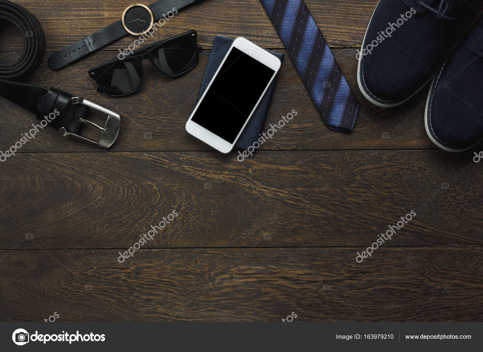 Overhead View Of Accessory Men Fashion With Technology Concept