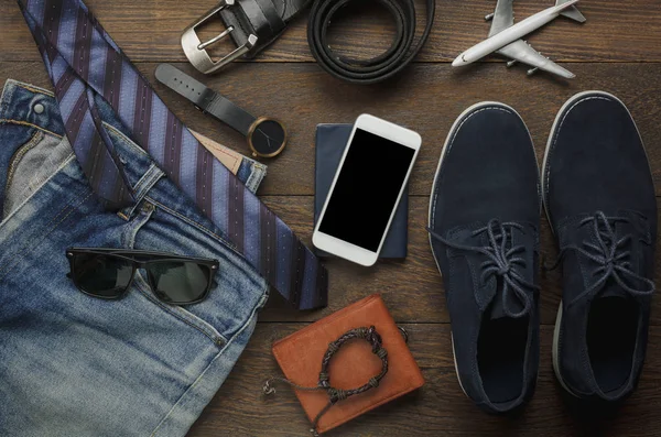 Table top view of accessories fashion men for travel with technology concept. — Stock Photo, Image