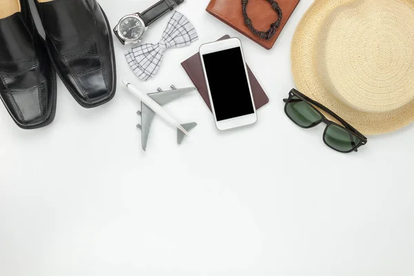 Above view of accessory travel and fashion men or technology concept background. — Stock Photo, Image