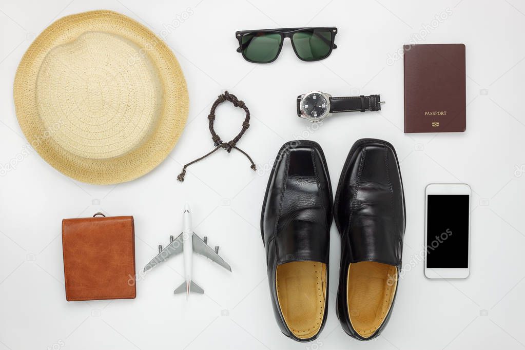 Flat lay of accessories travel and fashion men concept background.