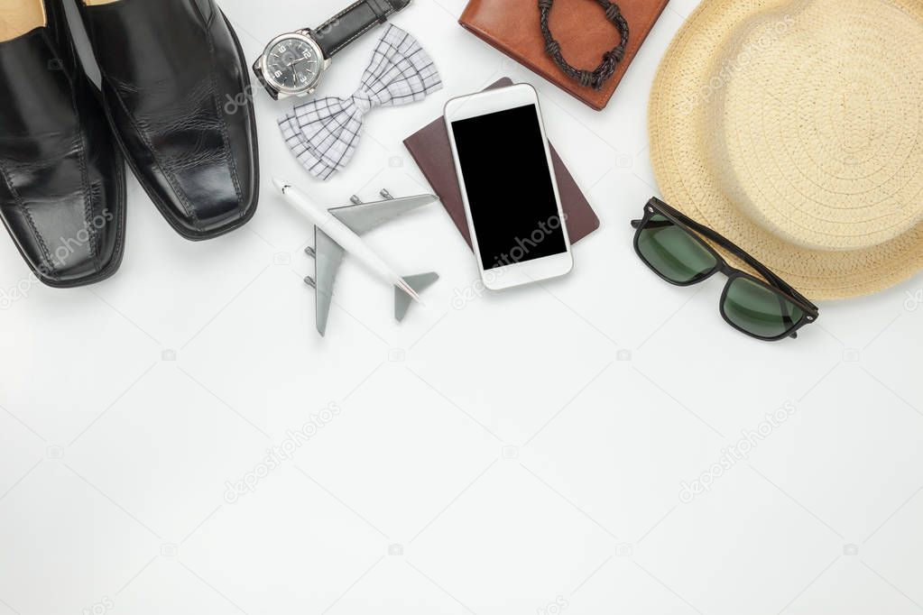 Above view of accessory travel and fashion men or technology concept background.