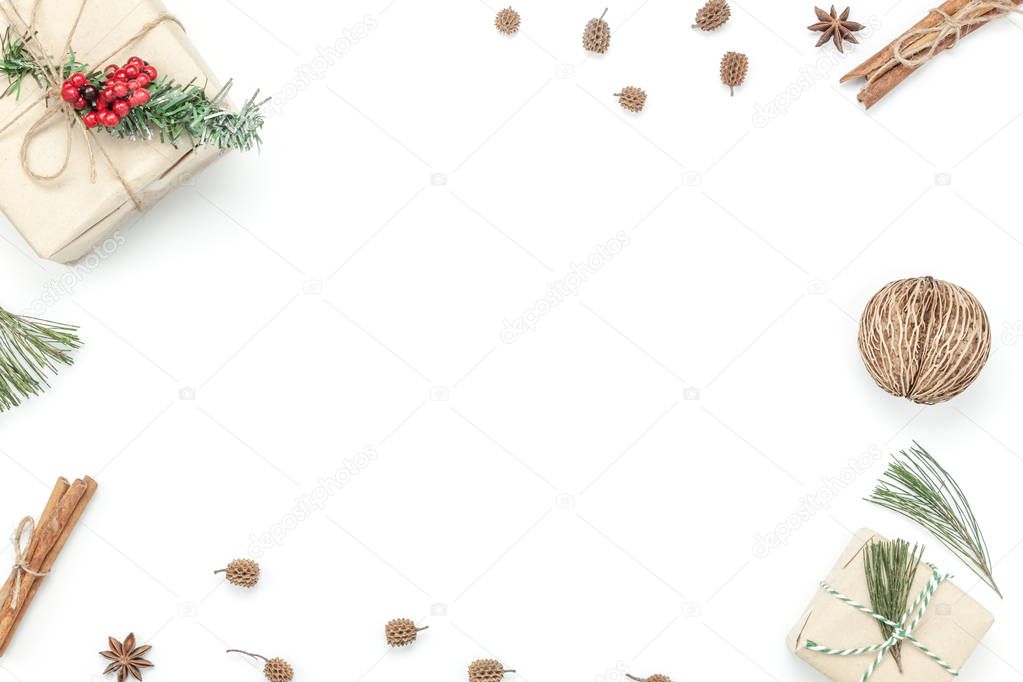 Above view aerial image of decoration & ornament merry Christmas & Happy new year background concept.Table top essential accessories on white wood at home office desk.free space for creative design.
