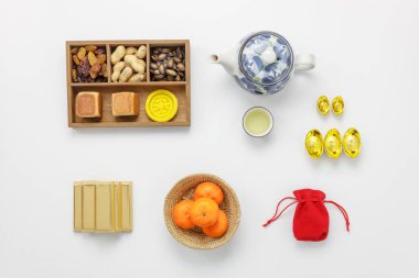 Kavramının aksesuarları ay ve Çin yeni yılı tatil arka plan düz yatıyordu. Fark sahte için modern rustik beyaz wallpaper.objects üzerinde gerekli Aksesuar ve yaratıcı tasarım şablonu.