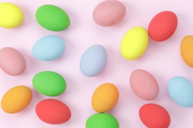 Tablo üstten görünüm görüntüsünü düzenleme dekorasyon ve işaret mutlu Paskalya tatili arka plan kavramı. Düz renkli tavşan yumurta güzel Ofis Masası, modern güzel pembe kağıt yatıyordu. Tasarım pastel tonu.