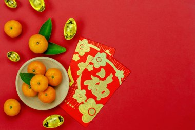 Çince karakter, servet ve şans demektir. Ay Yeni Yılı Aksesuarları ve Çin Yeni Yıl Tatil Konsepti arka planı. Kırmızı zarf ve modern kırmızı duvar kağıtlarında turuncu olan pembe çiçek. Kopya alanı.