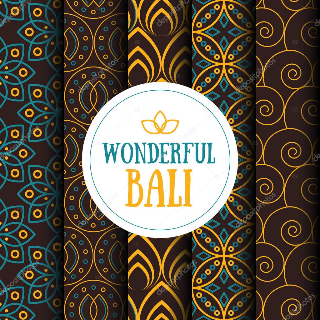 Vector set of five seamless patterns in Indonesian vintage batik luxury style with the text.  