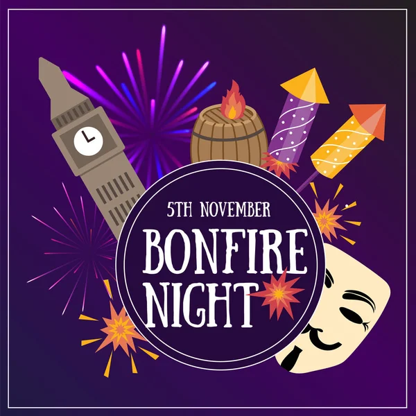 Bonfire night flayer zawiera następujące elementy: beczki prochu, ognisko, 3 petardy, facet Fawekes maski, budynki Parlamentu, jabłka toffi — Wektor stockowy