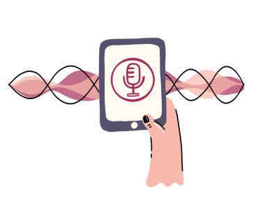Mikrofon düğmeli ve ses dalgalı cep telefonlu bir el. Karalama stilinde zeki teknolojiler. Kişisel asistan ve ses tanıma konsepti.
