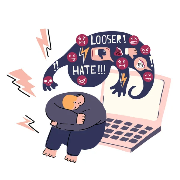 Cyber bullying, social network harassment concept. Vector illustration with sad man and laptop with insulting messages behind him. Humiliation, aggressive verbal assault. Cartoon style. — стоковий вектор