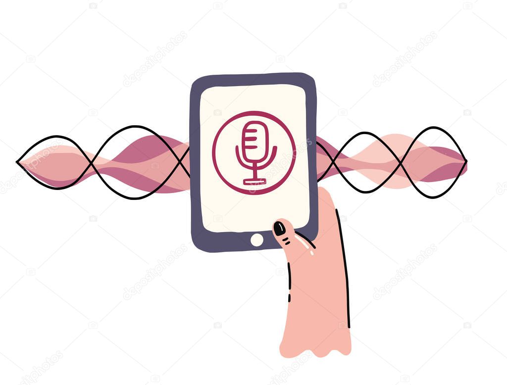 Hand with mobile phone with microphone button and sound wave. Intelligent technologies in doodle style. Personal assistant and voice recognition concept.
