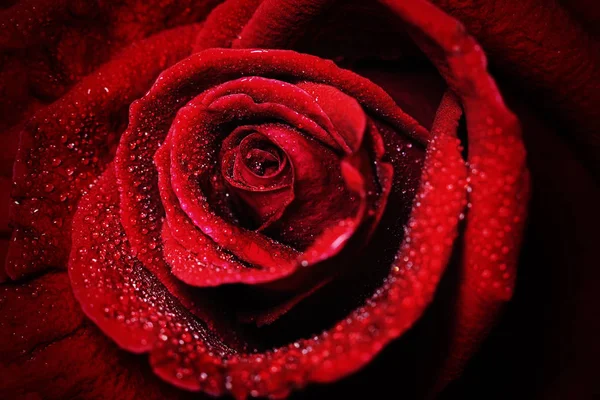 Close-up beeld van prachtige donkere rode roos met water dauw druppels — Stockfoto