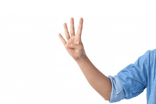 counting front hand with a shoulder in a jean shirt., isolated