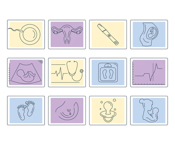 Graviditet och förlossning. Vektor linje ikoner. — Stock vektor