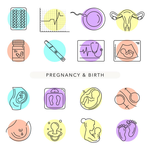 Pregnancy and childbirth. Vector line icons.