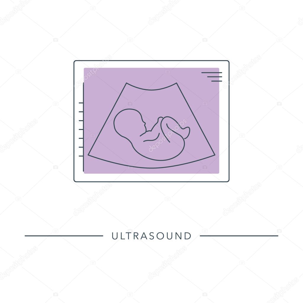 Ultrasound of baby in womb. Medical ultrasonic diagnostic machine. Modern outline vector illustration.