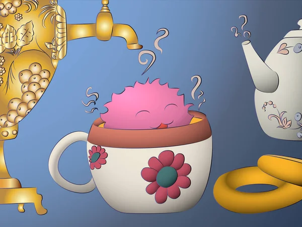 cartoon monster drying tea cup samovar khokhloma teapot