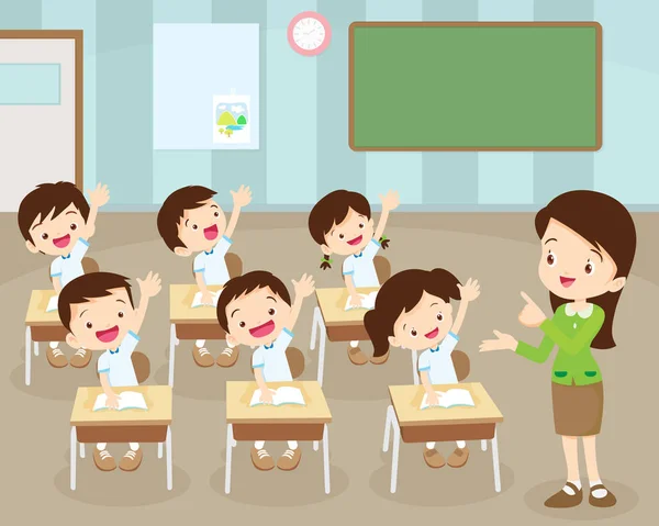 Students hand up in Classroom — Stock Vector