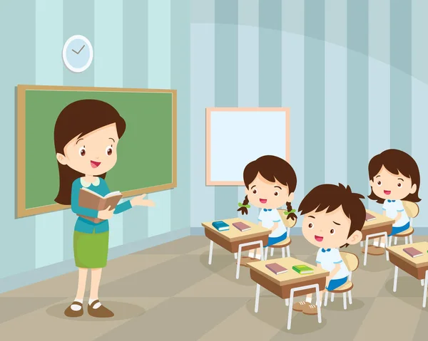 Jeune enseignant et élèves en classe — Image vectorielle