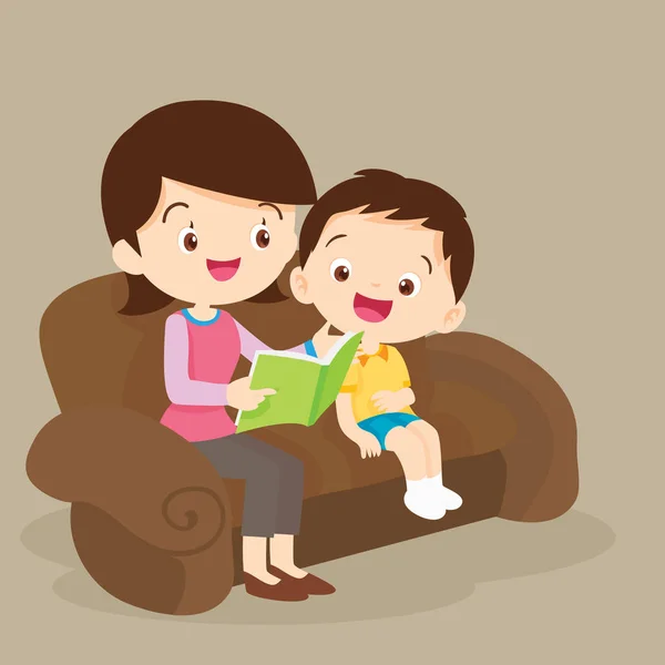 Madre e hijo leyendo juntos — Vector de stock