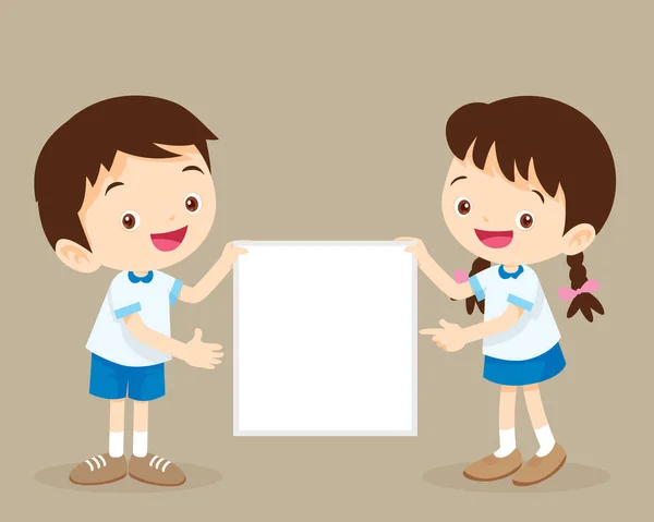 Cute student boy and girl presenting — Stock Vector