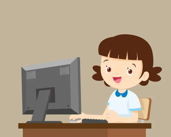 Student girl working with computer — Stock Vector