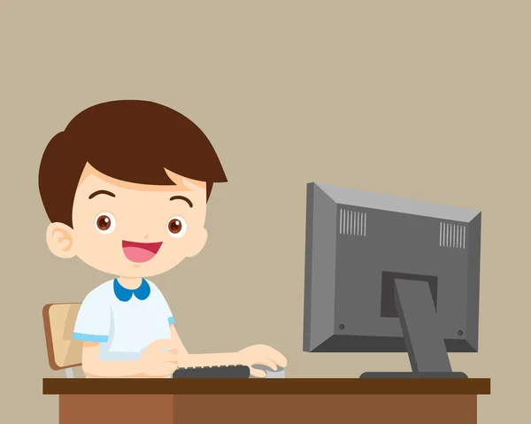 Bilgisayar ile çalışan bir öğrenci çocuk — Stok Vektör