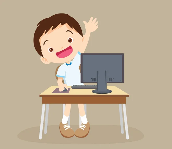 Student boy  learning computer hand up — Stock Vector