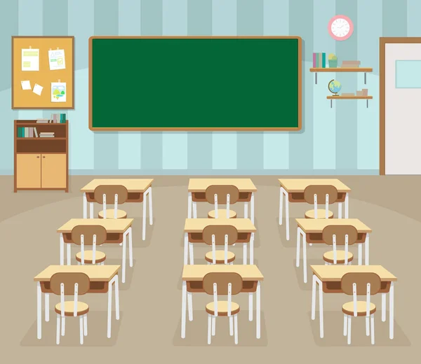 Empty school classroom with green chalkboard — Stock Vector