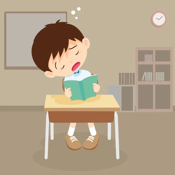 Estudante menino ler um livro, mas dormir em sala de aula —  Vetores de Stock