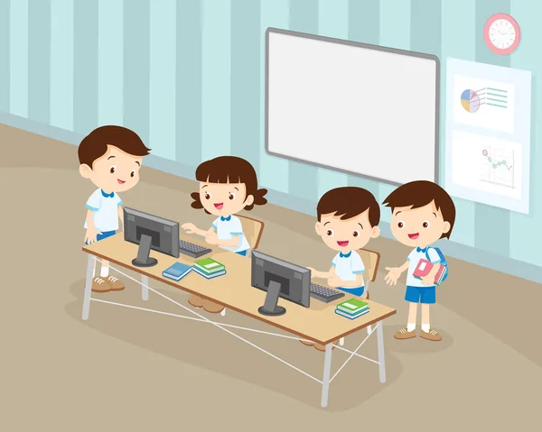 Students boy and girl are working with computer in classroom — Stock Vector